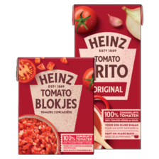 Heinz tomato frito,
tomato polpa,
tomato blokjes,
gepelde- of gezeefde
tomaten*